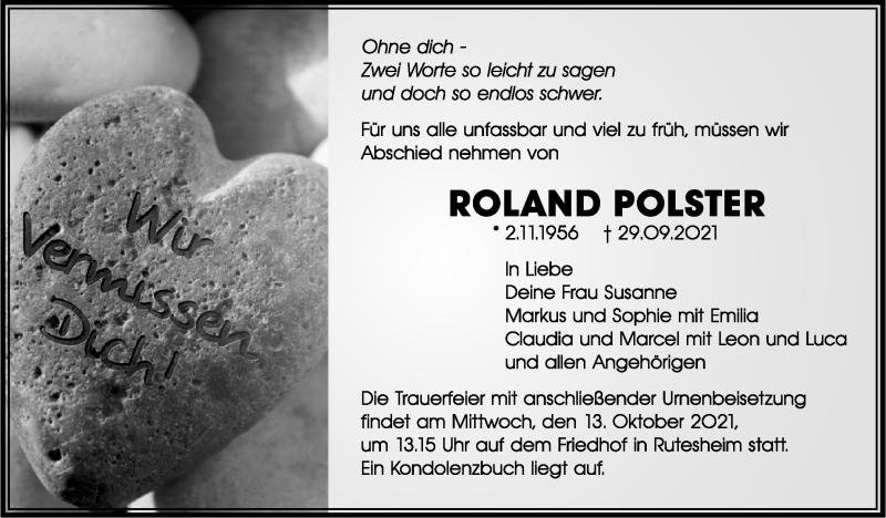  Traueranzeige für Roland Polster vom 09.10.2021 aus Leonberger Kreiszeitung / Strohgäu Extra