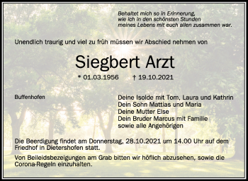 Traueranzeige von Siegbert Arzt von Leonberger Kreiszeitung / Strohgäu Extra