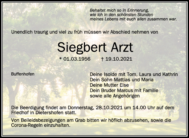  Traueranzeige für Siegbert Arzt vom 27.10.2021 aus Leonberger Kreiszeitung / Strohgäu Extra