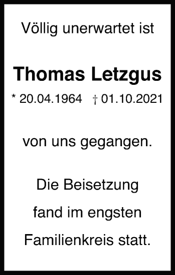 Traueranzeige von Thomas Letzgus von Leonberger Kreiszeitung / Strohgäu Extra