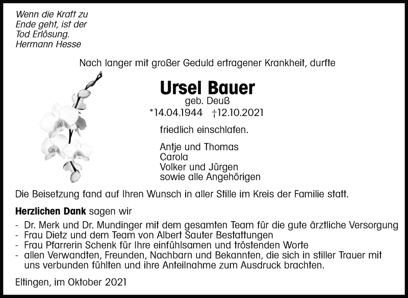  Traueranzeige für Ursel Bauer vom 23.10.2021 aus Leonberger Kreiszeitung / Strohgäu Extra