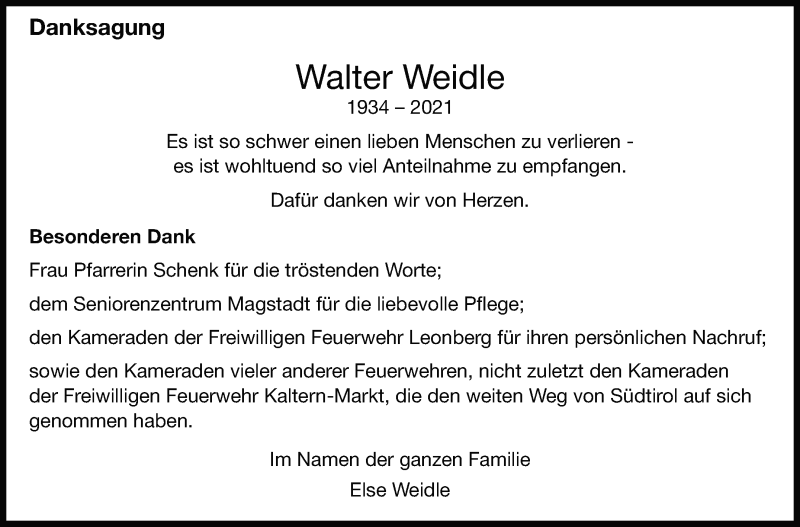  Traueranzeige für Walter Weidle vom 01.10.2021 aus Leonberger Kreiszeitung / Strohgäu Extra