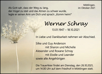Traueranzeige von Werner Schray von Leonberger Kreiszeitung / Strohgäu Extra