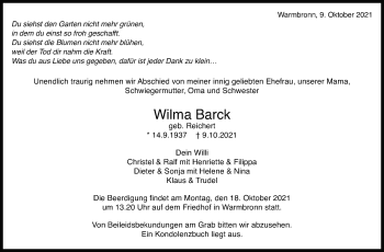 Traueranzeige von Wilma Barck von Leonberger Kreiszeitung / Strohgäu Extra