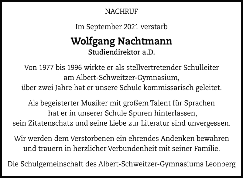  Traueranzeige für Wolfgang Nachtmann vom 20.10.2021 aus Leonberger Kreiszeitung / Strohgäu Extra