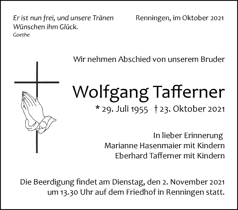  Traueranzeige für Wolfgang Tafferner vom 29.10.2021 aus Leonberger Kreiszeitung / Strohgäu Extra