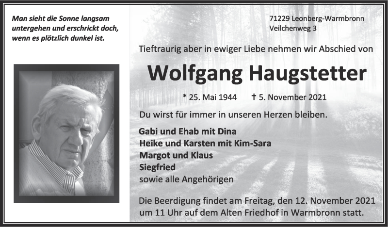  Traueranzeige für Wolfgang Haugstetter vom 09.11.2021 aus Leonberger Kreiszeitung / Strohgäu Extra