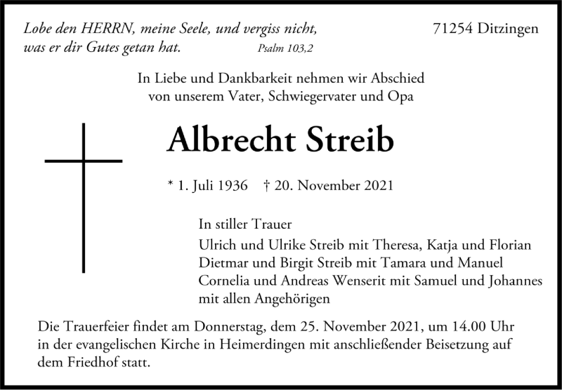  Traueranzeige für Albrecht Streib vom 23.11.2021 aus Leonberger Kreiszeitung / Strohgäu Extra