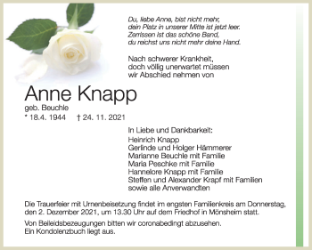 Traueranzeige von Anne Knapp von Leonberger Kreiszeitung / Strohgäu Extra