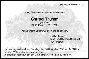 Traueranzeige von Christel Thumm von Leonberger Kreiszeitung / Strohgäu Extra