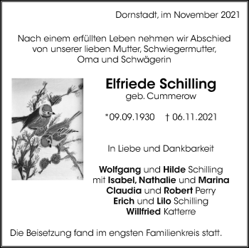 Traueranzeige von Elfriede Schilling von Leonberger Kreiszeitung / Strohgäu Extra