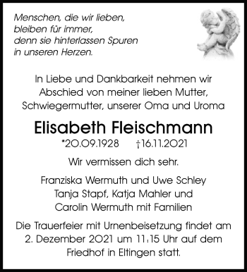 Traueranzeige von Elisabeth Fleischmann von Leonberger Kreiszeitung / Strohgäu Extra