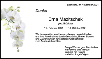 Traueranzeige von Erna Mazitschek von Leonberger Kreiszeitung / Strohgäu Extra