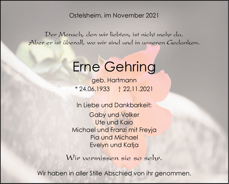  Traueranzeige für Erne Gehring vom 30.11.2021 aus Leonberger Kreiszeitung / Strohgäu Extra