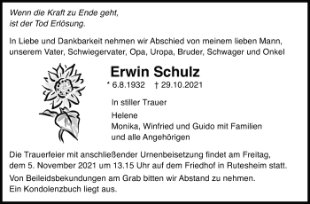 Traueranzeige von Erwin Schulz von Leonberger Kreiszeitung / Strohgäu Extra