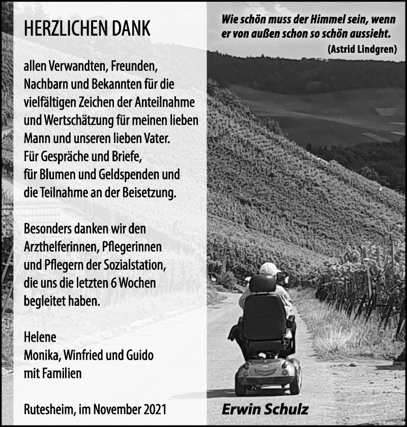  Traueranzeige für Erwin Schulz vom 19.11.2021 aus Leonberger Kreiszeitung / Strohgäu Extra