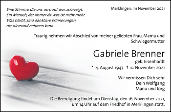 Traueranzeige von Gabriele Brenner von Leonberger Kreiszeitung / Strohgäu Extra