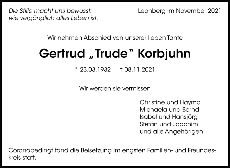  Traueranzeige für Gertrud Korbjuhn vom 20.11.2021 aus Leonberger Kreiszeitung / Strohgäu Extra