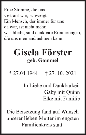 Traueranzeige von Gisela Förster von Leonberger Kreiszeitung / Strohgäu Extra