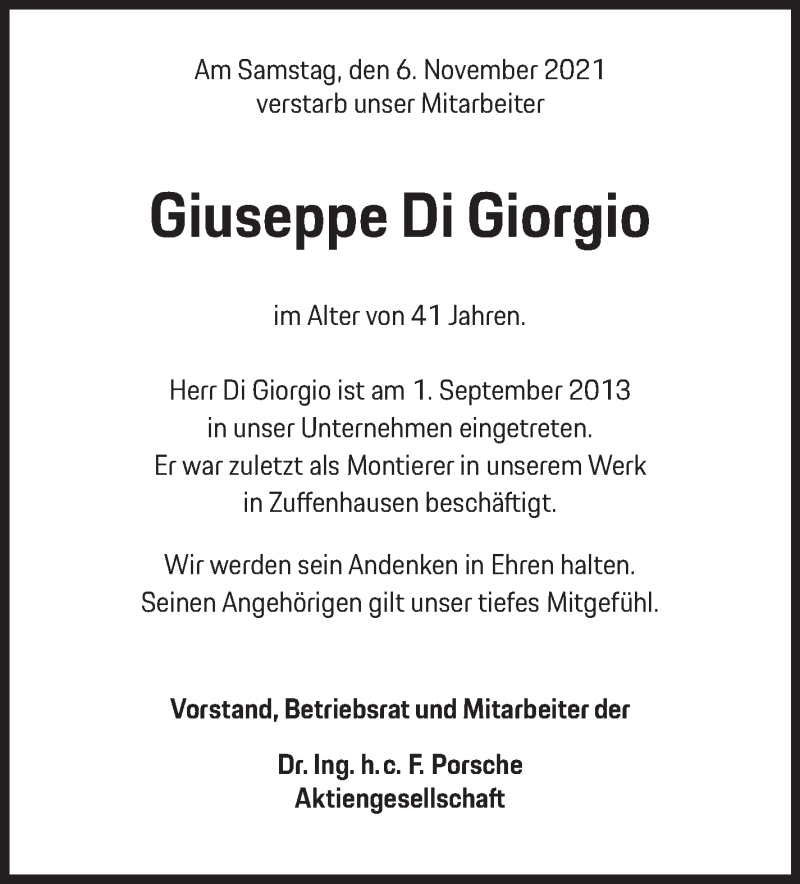  Traueranzeige für Giuseppe Di Giorgio vom 19.11.2021 aus Leonberger Kreiszeitung / Strohgäu Extra