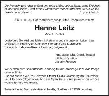 Traueranzeige von Hanne Leitz von Leonberger Kreiszeitung / Strohgäu Extra