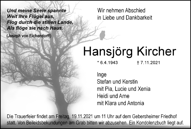  Traueranzeige für Hansjörg Kircher vom 12.11.2021 aus Leonberger Kreiszeitung / Strohgäu Extra