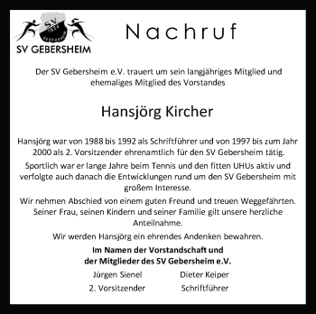 Traueranzeige von Hansjörg Kircher von Leonberger Kreiszeitung / Strohgäu Extra