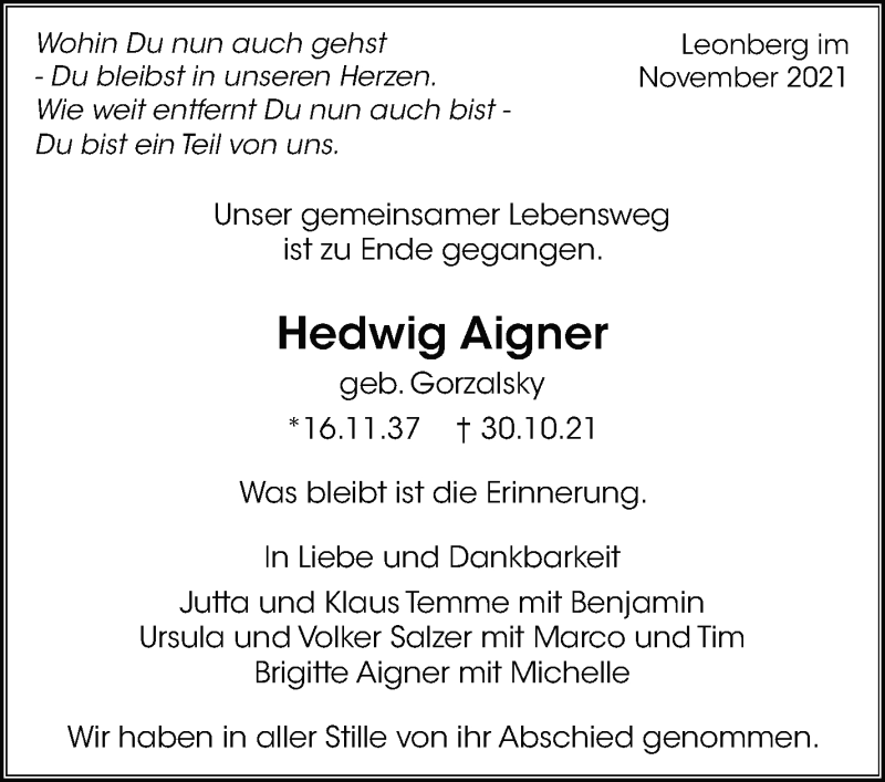  Traueranzeige für Hedwig Aigner vom 20.11.2021 aus Leonberger Kreiszeitung / Strohgäu Extra