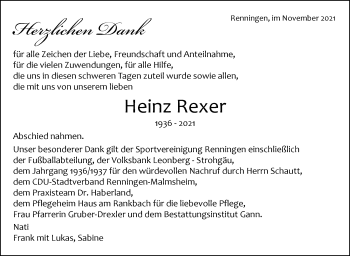 Traueranzeige von Heinz Rexer von Leonberger Kreiszeitung / Strohgäu Extra