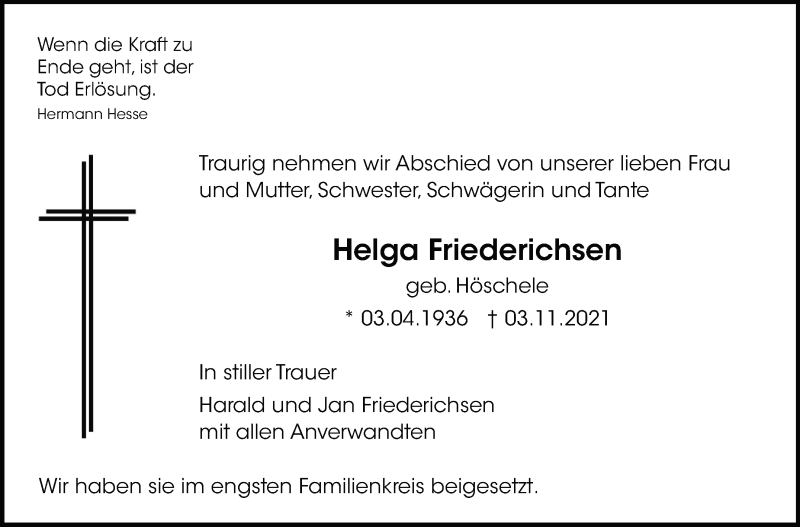  Traueranzeige für Helga Friederichsen vom 13.11.2021 aus Leonberger Kreiszeitung / Strohgäu Extra