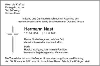 Traueranzeige von Hermann Nast von Leonberger Kreiszeitung / Strohgäu Extra