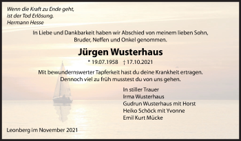 Traueranzeige von Jürgen Wusterhaus von Leonberger Kreiszeitung / Strohgäu Extra