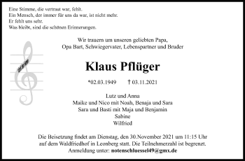 Traueranzeige von Klaus Pflüger von Leonberger Kreiszeitung / Strohgäu Extra