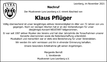Traueranzeige von Klaus Pflüger von Leonberger Kreiszeitung / Strohgäu Extra