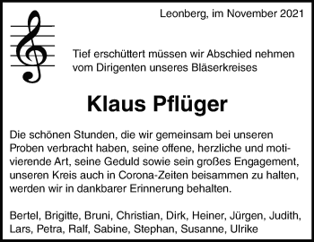 Traueranzeige von Klaus Pflüger von Leonberger Kreiszeitung / Strohgäu Extra
