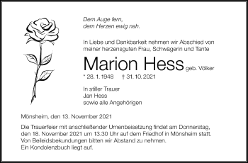 Traueranzeige von Marion Hess von Leonberger Kreiszeitung / Strohgäu Extra