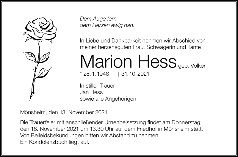  Traueranzeige für Marion Hess vom 13.11.2021 aus Leonberger Kreiszeitung / Strohgäu Extra