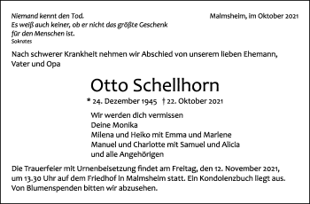 Traueranzeige von Otto Schellhorn von Leonberger Kreiszeitung / Strohgäu Extra