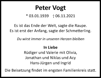 Traueranzeige von Peter Vogt von Leonberger Kreiszeitung / Strohgäu Extra