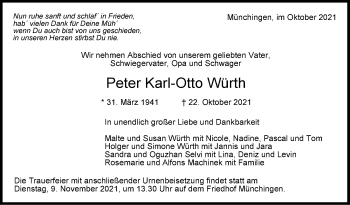Traueranzeige von Peter Karl-Otto Würth von Leonberger Kreiszeitung / Strohgäu Extra