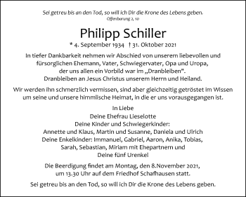 Traueranzeige von Philipp Schiller von Leonberger Kreiszeitung / Strohgäu Extra