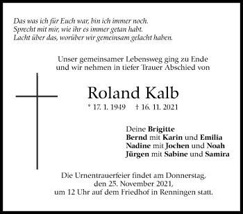 Traueranzeige von Roland Kalb von Leonberger Kreiszeitung / Strohgäu Extra