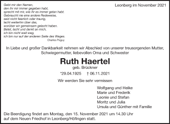 Traueranzeige von Ruth Haertel von Leonberger Kreiszeitung / Strohgäu Extra