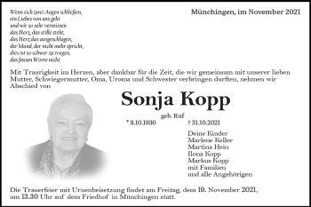 Traueranzeige von Sonja Kopp von Leonberger Kreiszeitung / Strohgäu Extra