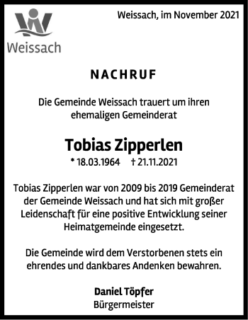 Traueranzeige von Tobias Zipperlen von Leonberger Kreiszeitung / Strohgäu Extra
