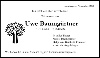 Traueranzeige von Uwe Baumgärtner von Leonberger Kreiszeitung / Strohgäu Extra