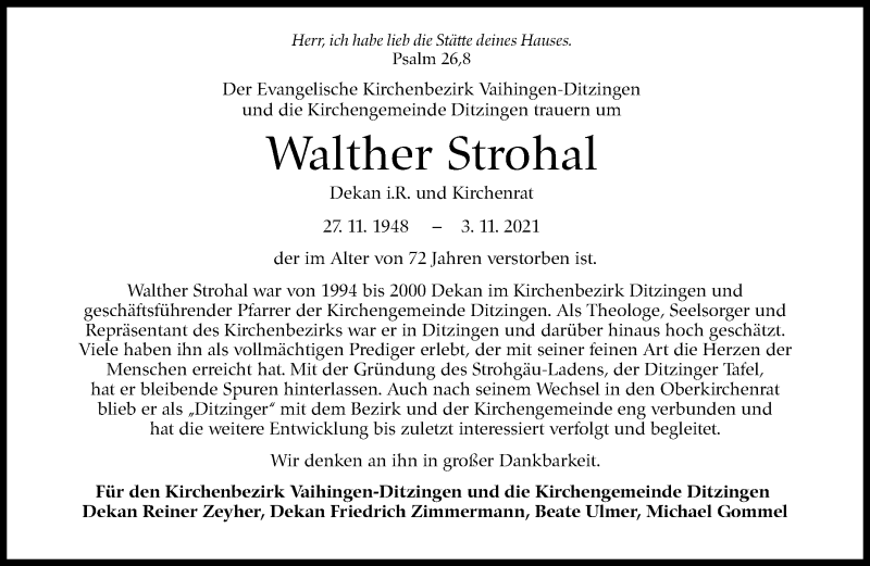  Traueranzeige für Walther Strohal vom 06.11.2021 aus Leonberger Kreiszeitung / Strohgäu Extra