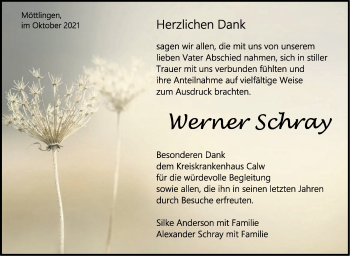 Traueranzeige von Werner Schray von Leonberger Kreiszeitung / Strohgäu Extra