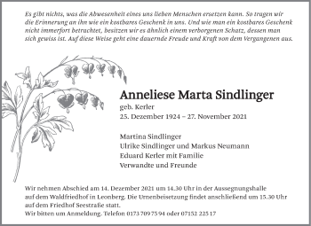 Traueranzeige von Anneliese Marta Sindlinger von Leonberger Kreiszeitung / Strohgäu Extra