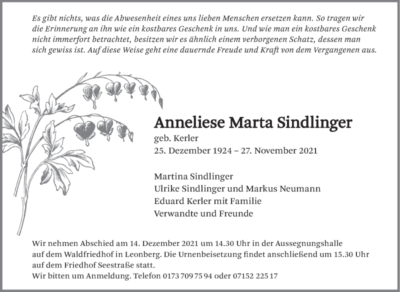  Traueranzeige für Anneliese Marta Sindlinger vom 04.12.2021 aus Leonberger Kreiszeitung / Strohgäu Extra